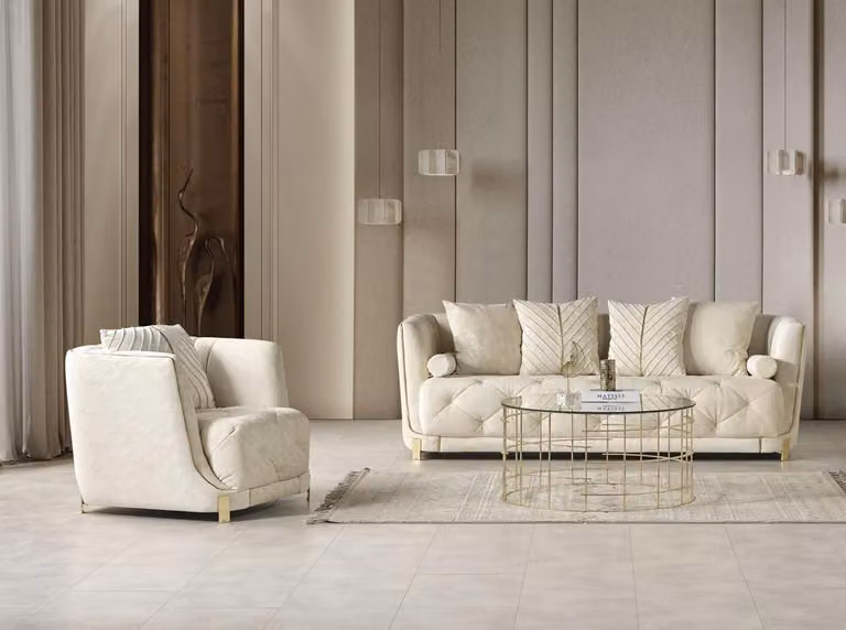 Luxus Weiß 2tlg Wohnzimmer Set Sofa 3-Sitzer Sessel Modernes Design Couch