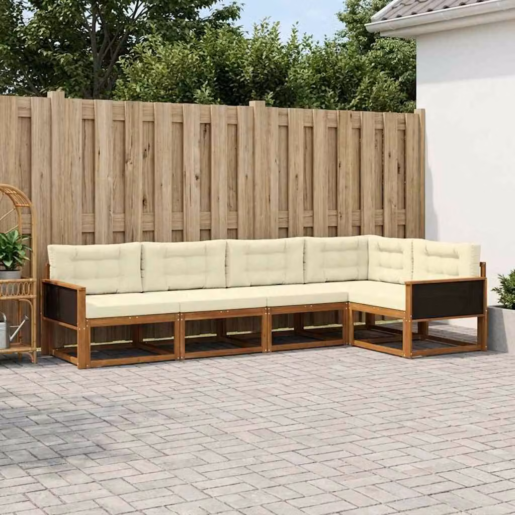 Set di divani da esterno vidaXL a forma di L in legno di acacia con cuscini, Naturale e Crema