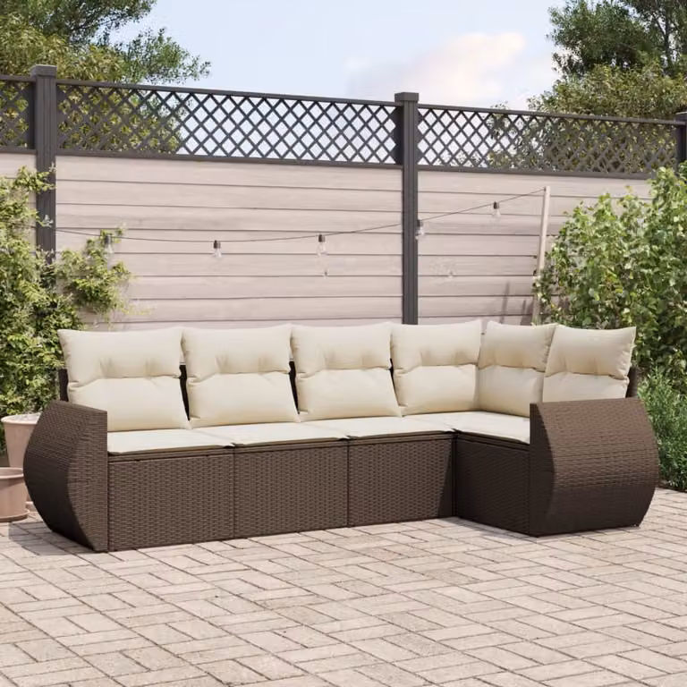 vidaXL Set Divano da Giardino a L 5 pz con Cuscini Marrone e Bianco in Polyrattan e Acciaio