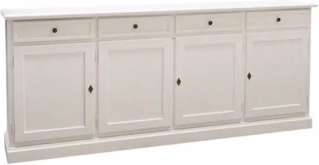 Credenza 4 ante 4 cassetti arte povera in legno massello e mdf con rifinitura in bianco 205x42x85 H