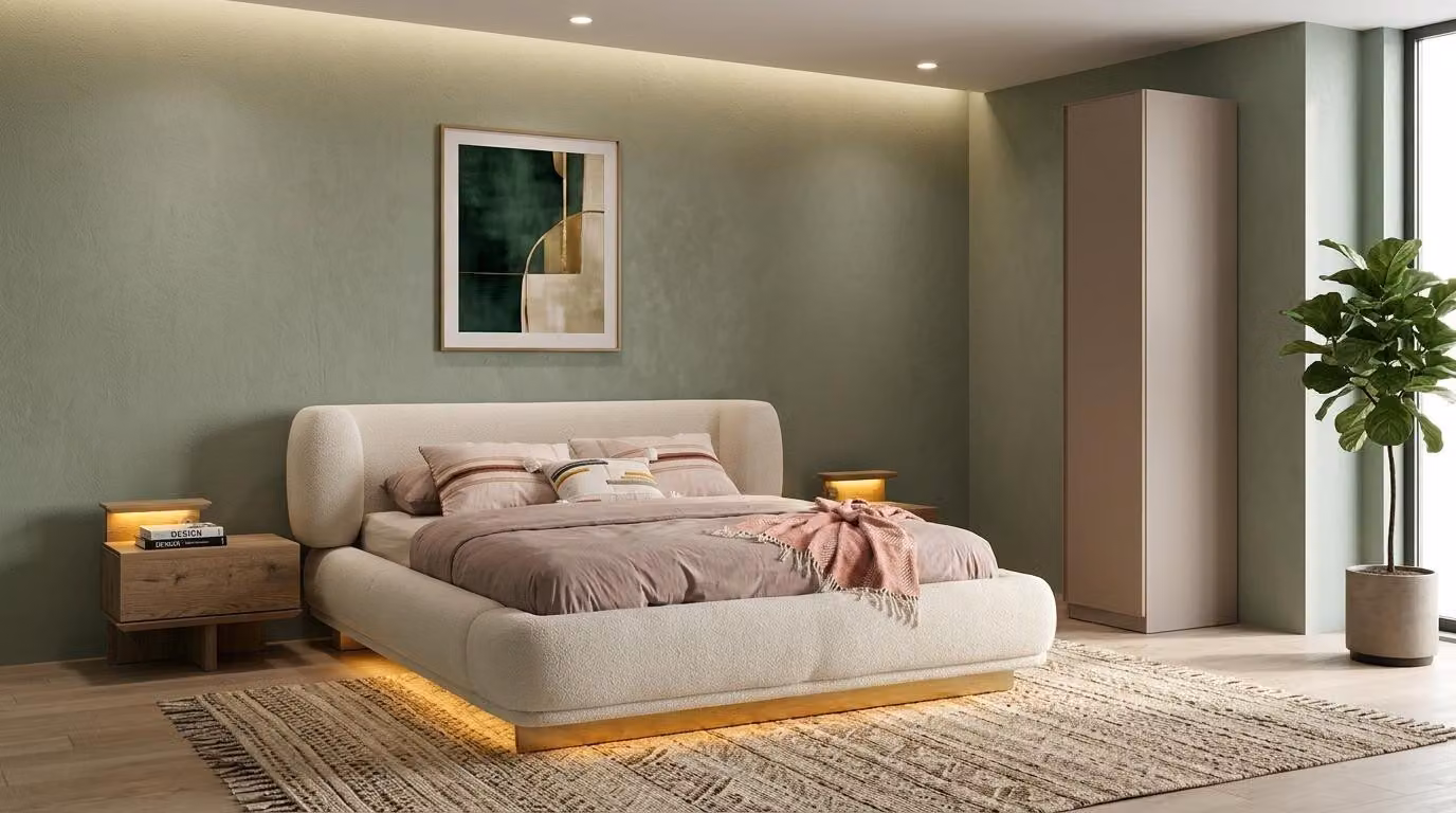Bett con 2 comodini, mobiletto singolo, camera da letto, stile moderno, colore beige, design confortevole