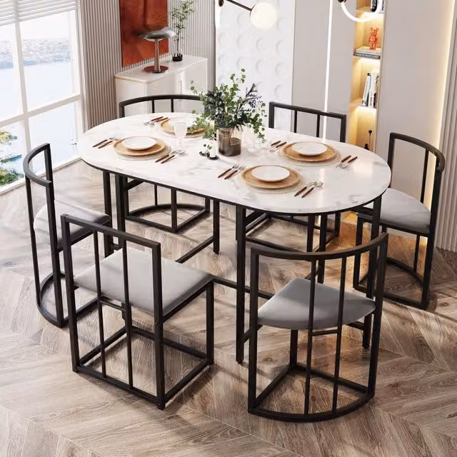 Set da pranzo moderno REDOM composto da tavolo ovale bianco lucido in MDF e 6 sedie con struttura in metallo nero