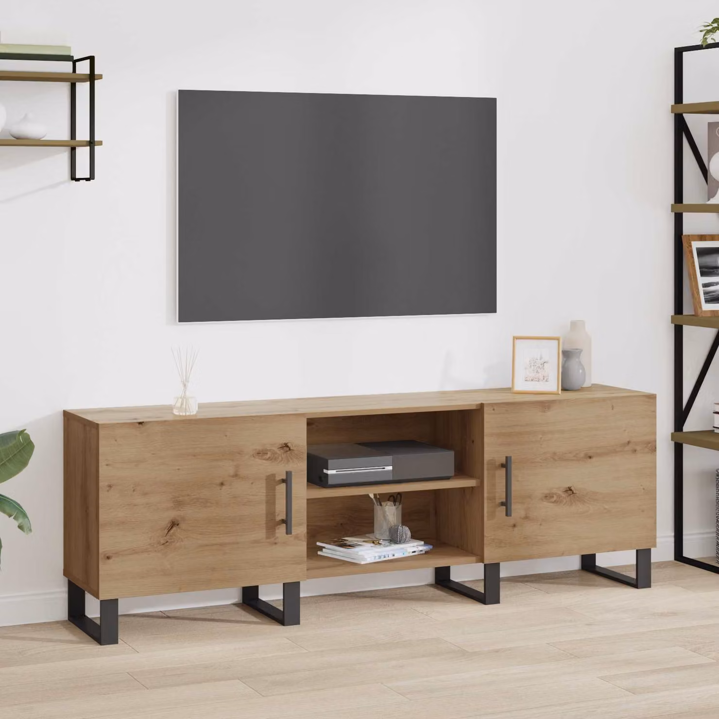Mobile TV vidaXL in rovere artigianale e metallo, colore marrone, L 150 x P 30 x H 50 cm