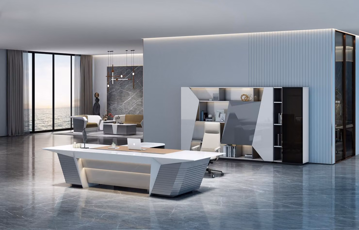 Schreibtisch und Büroschrank im modernen Design in Weiß