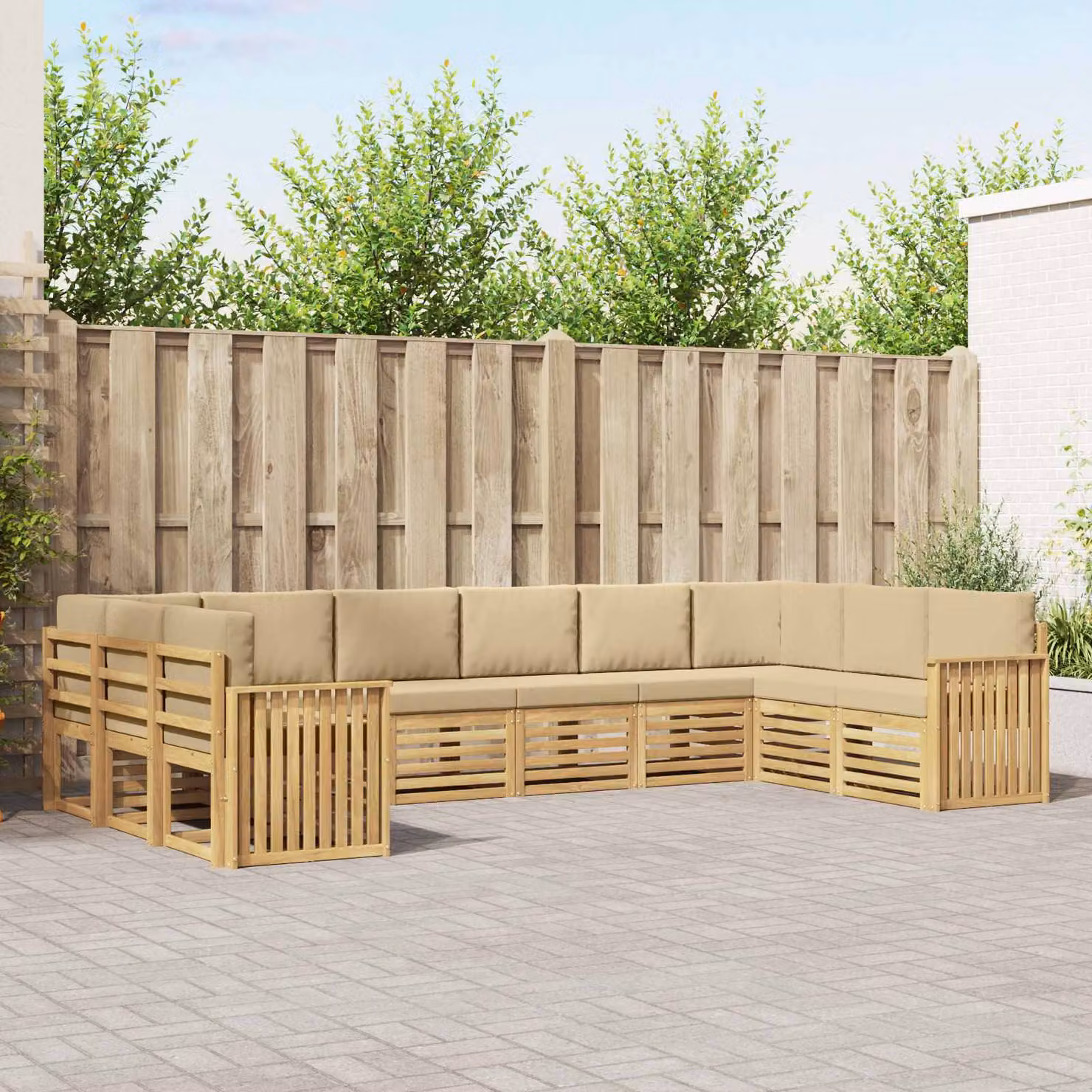 Set di divani da esterno a L vidaXL in legno di acacia con cuscini, Bianco e Beige
