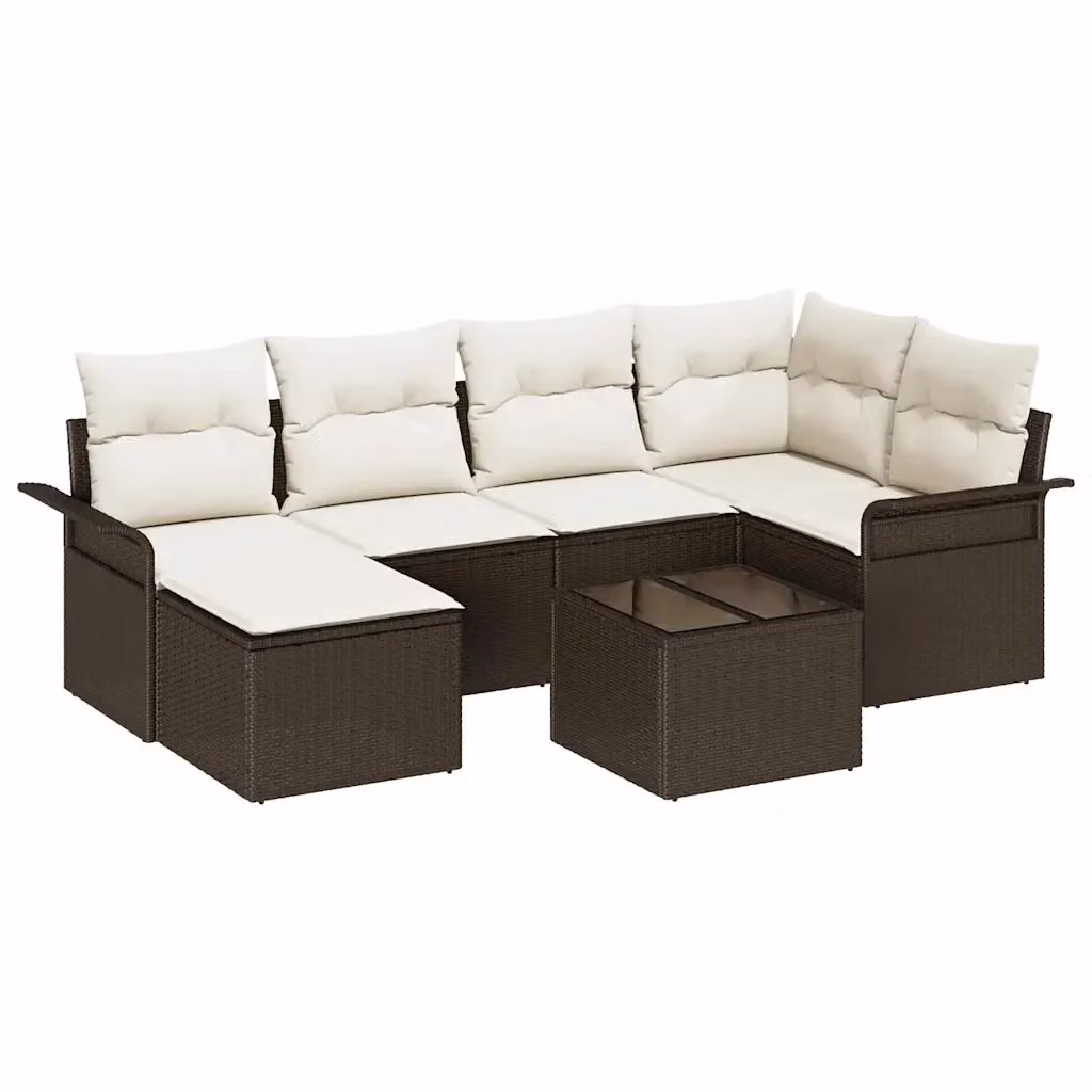 Set Divano da Giardino vidaXL 7 Pezzi in Polyrattan Marrone e Beige con Cuscini e Tavolino da Esterno – 2