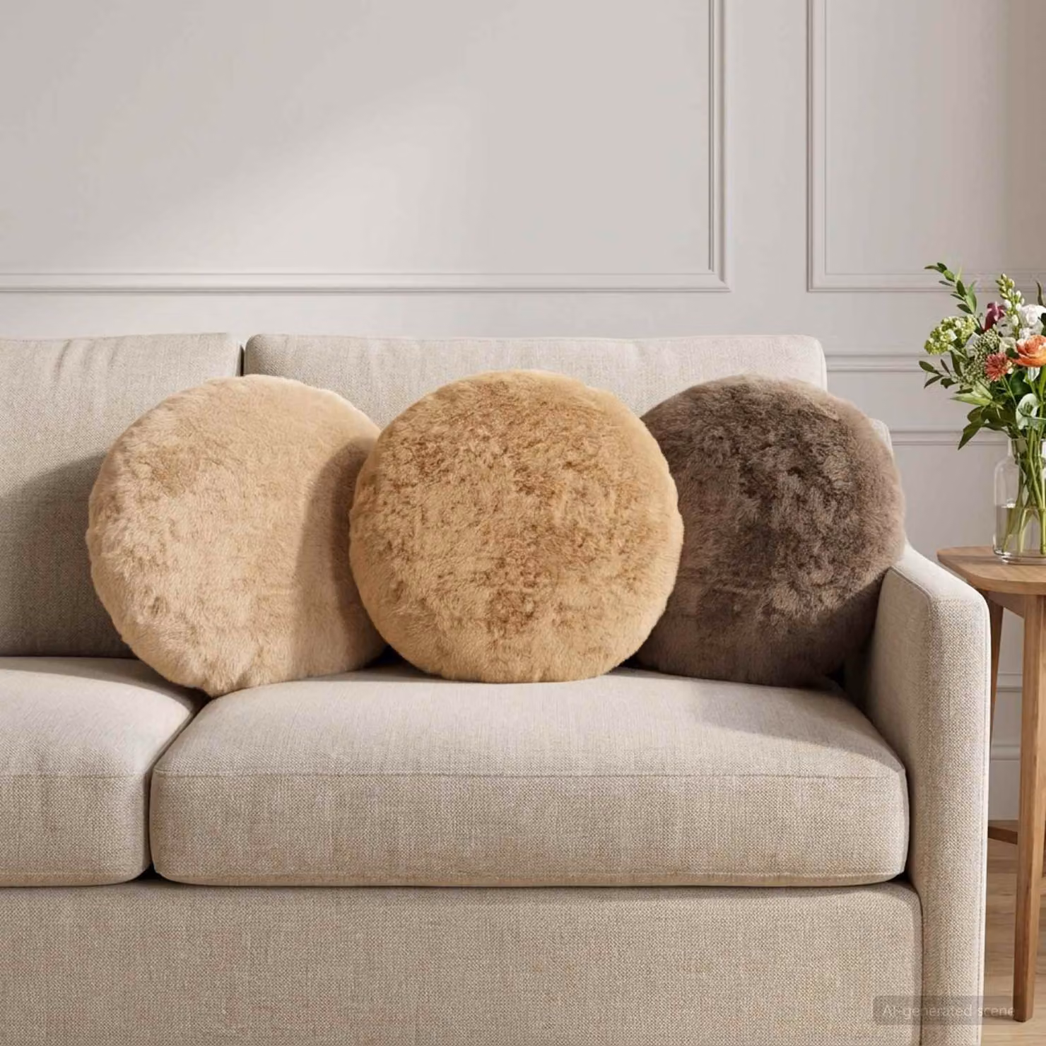 Set di 6 federe rotonde vidaXL HEERLEN in finta pelliccia di coniglio, colore beige, Ø 30 cm