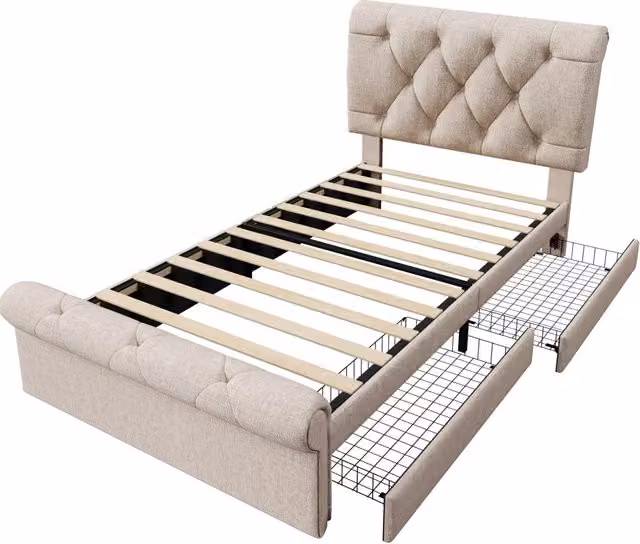 Letto singolo imbottito 90x200 cm con 2 cassetti e testiera regolabile, stile Chesterfield, colore naturale, con materasso