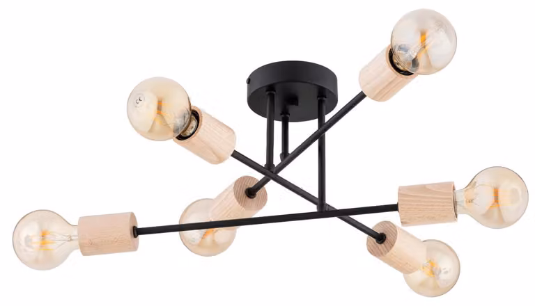 Lampada da soffitto LA-ROSA nero-legno chiaro 6xE27x15W metallo dim.: 22x50x50 cm IP20 Alfa