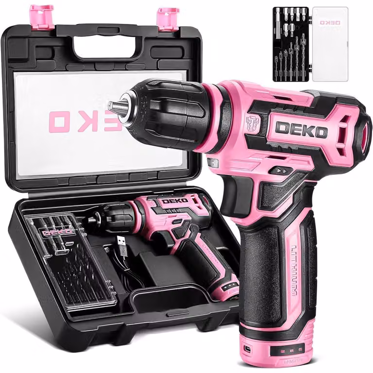 Avvitatore a batteria da 12V con 42 accessori, trapano avvitatore a percussione, velocità regolabile, luce LED, colore rosa