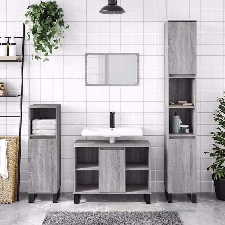 Mobile da bagno vidaXL in legno multistrato grigio Sonoma con ante a cerniera e ripiani interni L 80 cm x P 33 cm x H 60 cm