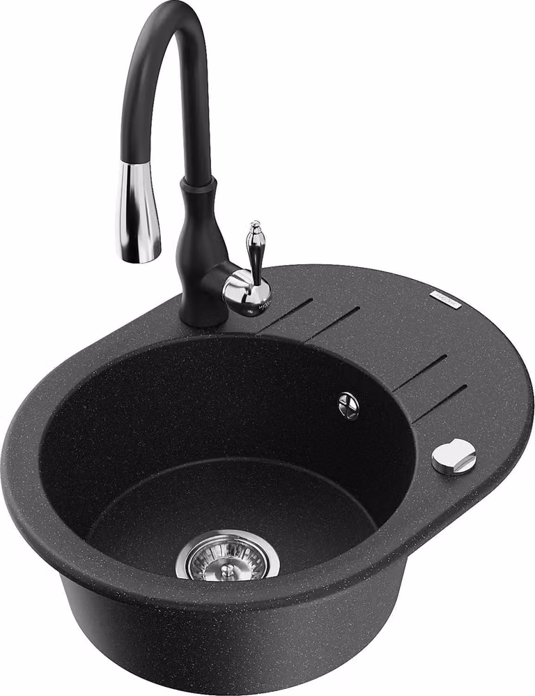 Mexen Kevin lavello in granito a 1 vasca con sgocciolatoio e miscelatore da cucina Savita, nero/argento metallizzato