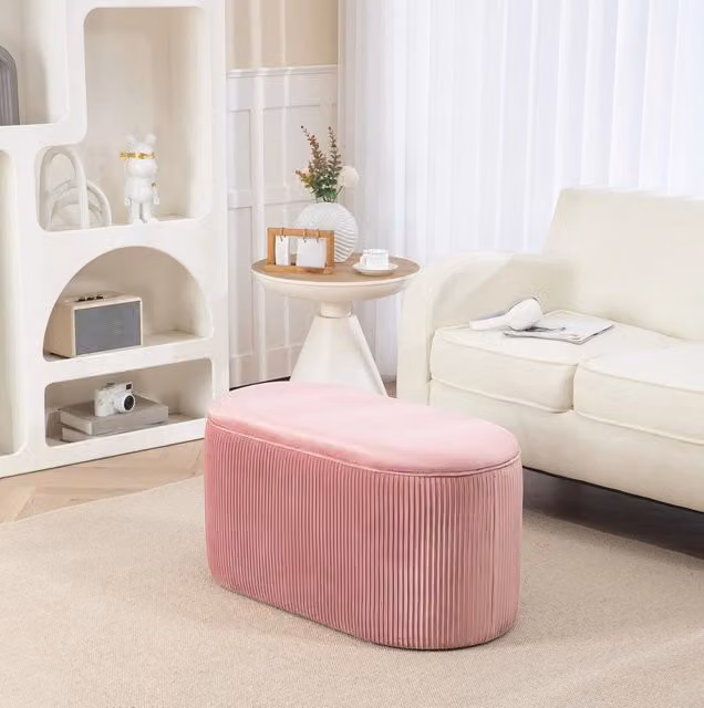 Panca contenitore ULEVR 81x40x41 cm imbottita in poliestere effetto velluto rosa, stile retr¨°