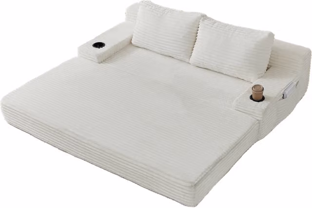 Divano letto 2-in-1 in tessuto di velluto a coste con porta bevande e tasche laterali