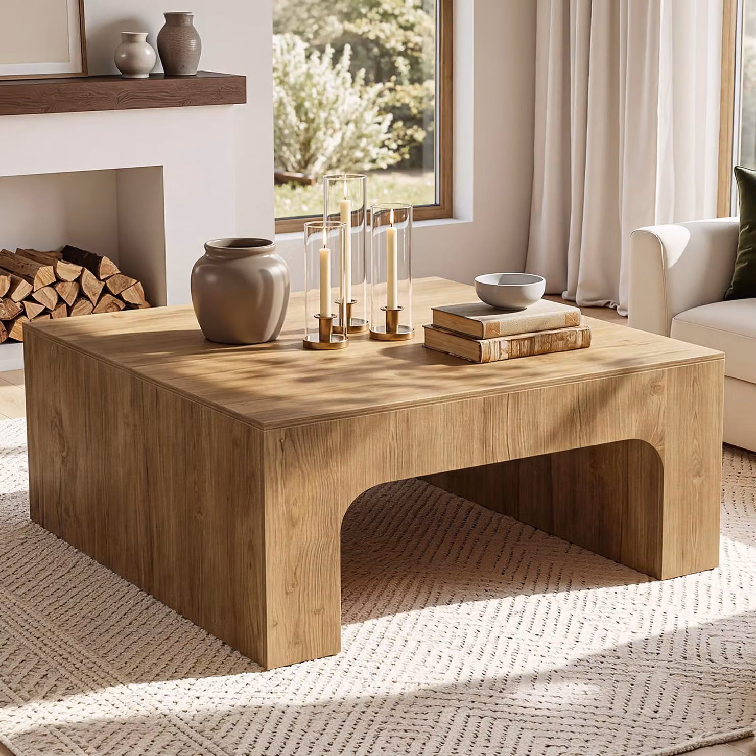Tavolino quadrato in legno, 100 cm, ideale per il soggiorno, tavolino di supporto in stile rustico con base sagomata, facile da montare