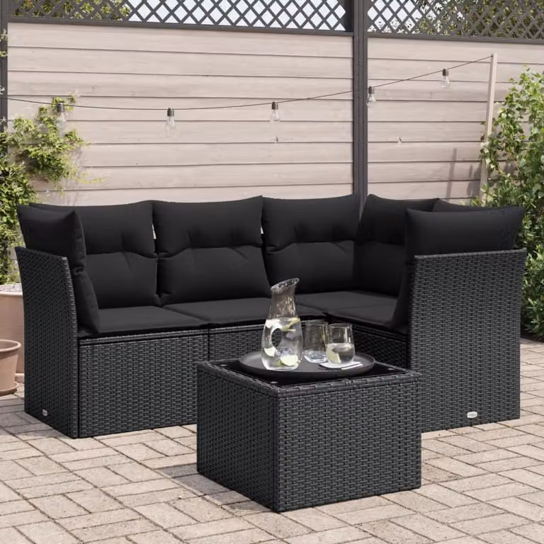 Set Divani da Giardino vidaXL 5 Pezzi a Forma di L con Tavolino in Vetro e Cuscini Neri