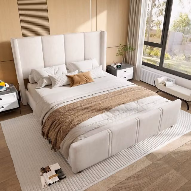 Letto imbottito 140 × 200 cm in velluto beige con testiera e pediera alte porte USB e Type-C