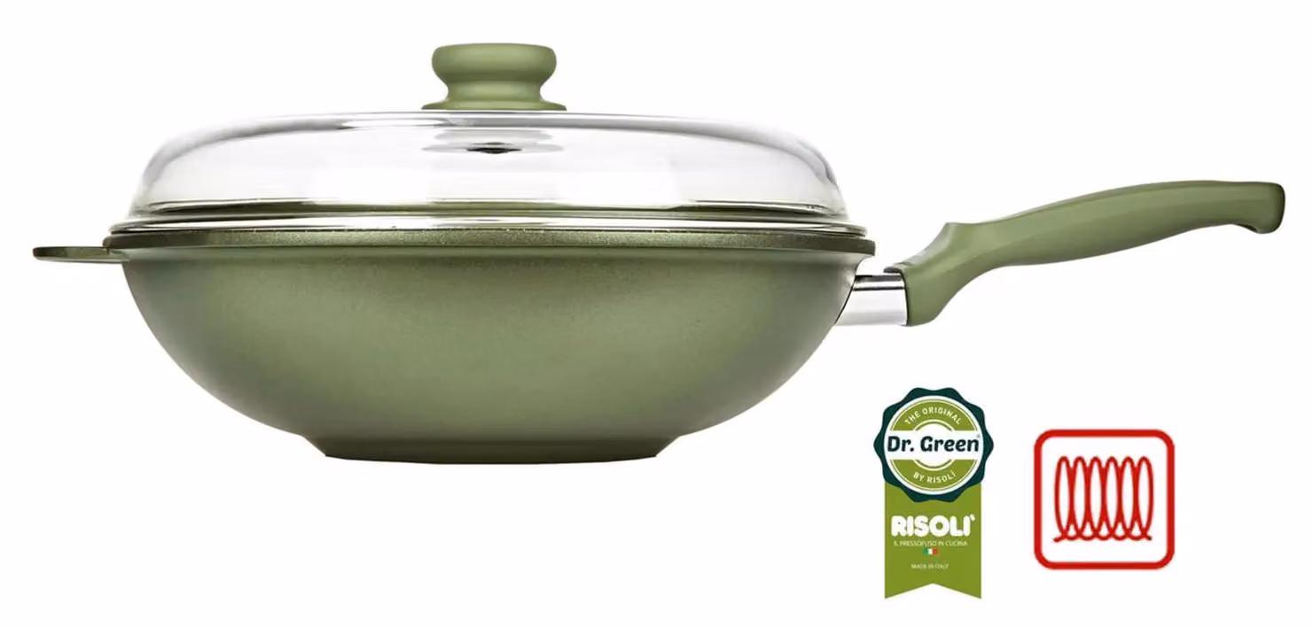 Wok Dr. Green ad induzione in alluminio pressofuso con coperchio e un manico in bakelite, diam. 32cm