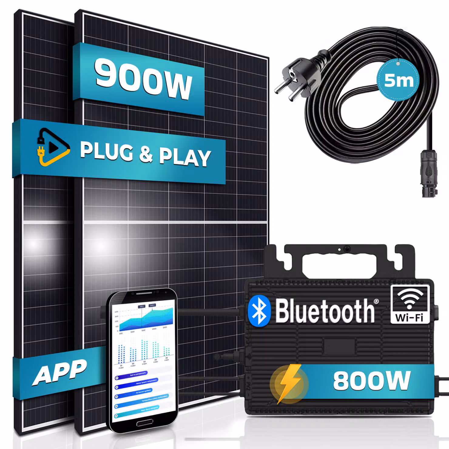 Centrale elettrica da balcone SUNNIVA® 900W presa completa - inverter ASTRO-ENERGY 800W - impianto solare FV, 2x moduli solari 450W, cavo 5m - Bluetooth WIFI