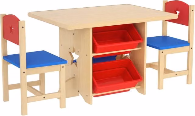 Tavolo bambini con 2 sedie e 4 contenitori ¨C Minimal ¨C Legno naturale
