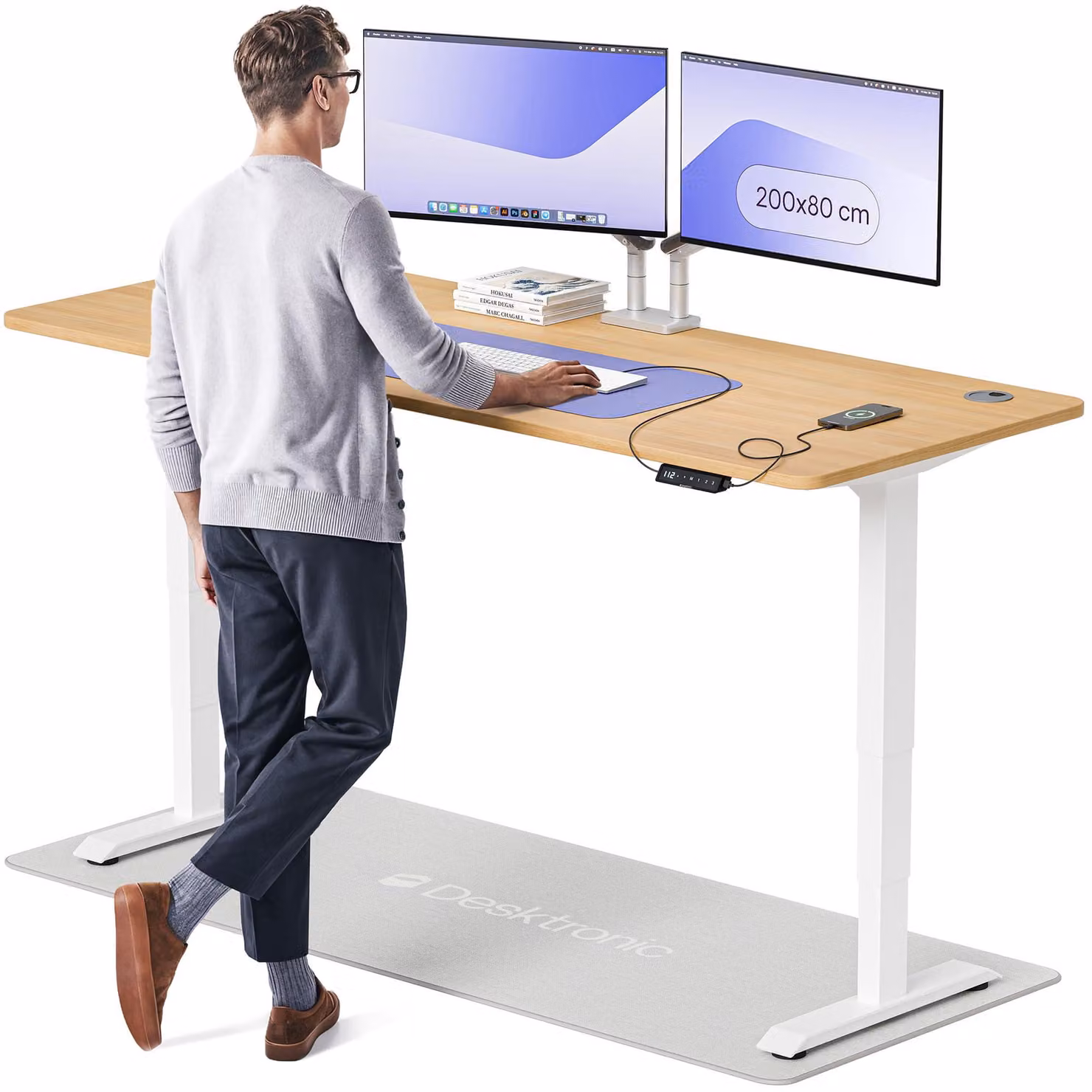 Scrivania regolabile elettricamente - 200x80 cm - Impiallacciatura di faggio bianco - Struttura in metallo - Ideale per lavoro, studio e gaming