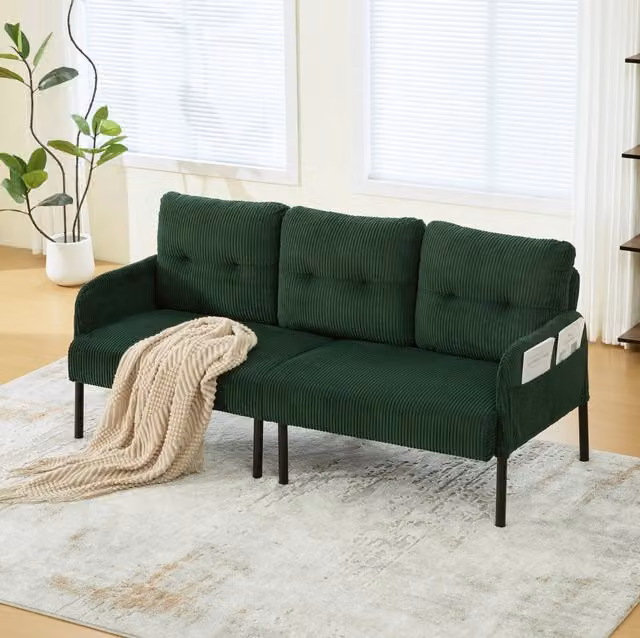 Divano a 3 posti in corduroy verde smeraldo con schienale ergonomico e tasca laterale