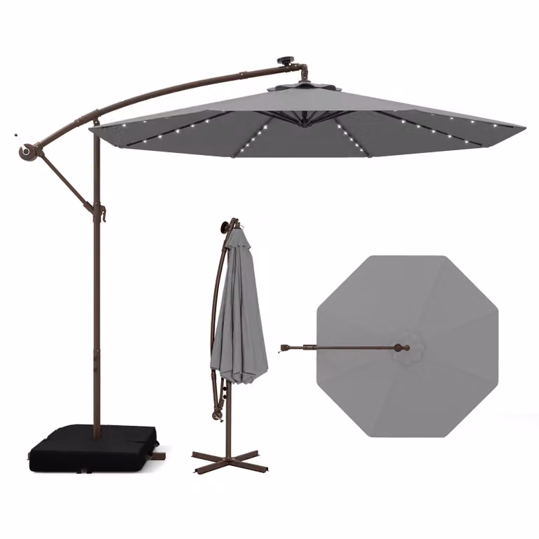 COSTWAY ombrellone a sbalzo con sacchi di sabbia, ombrellone Ø300cm con 40 LED solari e manovella, ombrellone da giardino protezione UV antracite