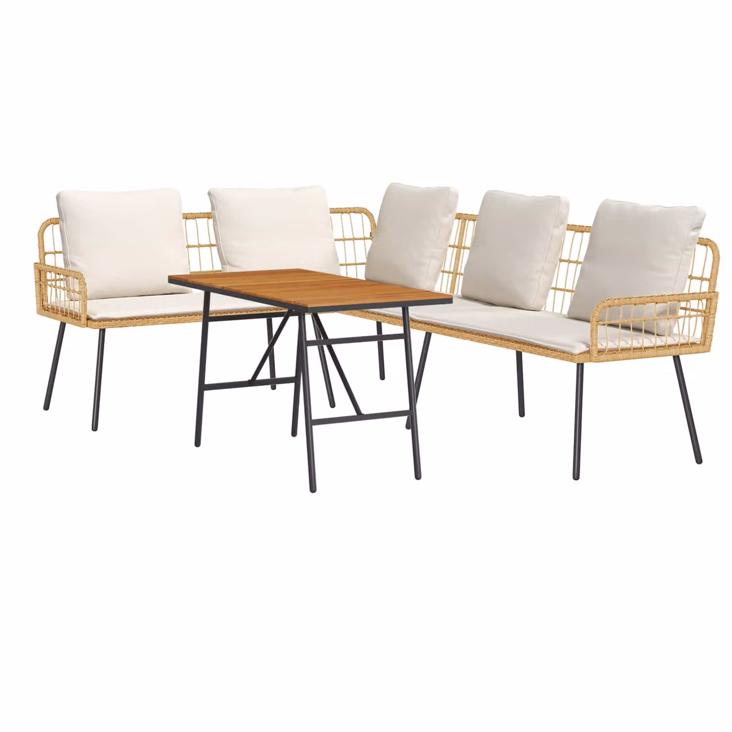 Set Divano da Giardino Moderno vidaXL con Tavolino e Cuscini in Polyrattan e Legno di Acacia, Colore Beige e Nero