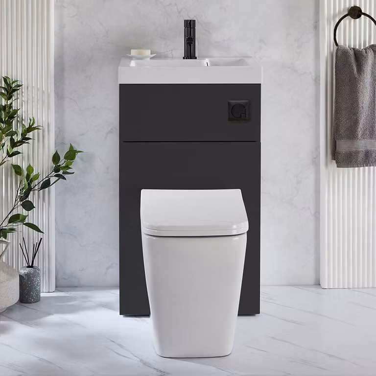 Set Sanitario Sanford Moderno con Lavabo Integrato - Grigio Nero - 500mm x 890mm - Pulsante di Scarico Nero