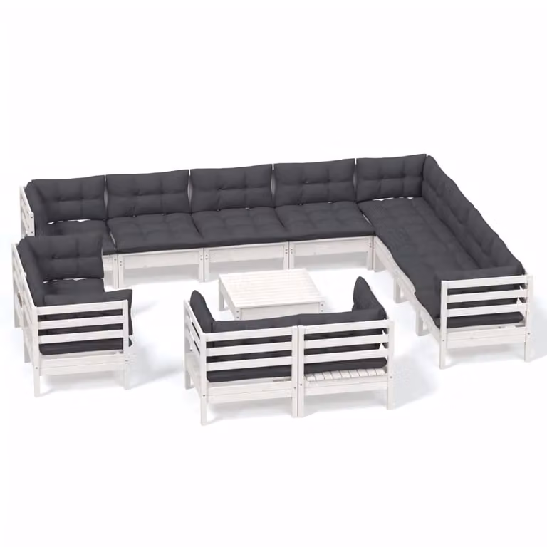 Set Divani da Giardino 13 pz con Cuscini Bianchi Legno di Pino