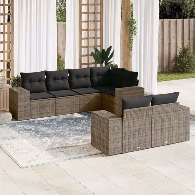 Set Divani da Giardino 7 pz con Cuscini Grigio in Polyrattan 3255147