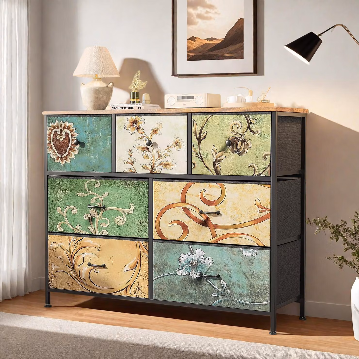 Cassettiera Fortuna Lai con 7 cassetti, toletta con piano in legno e cassetti in tessuto, struttura in metallo