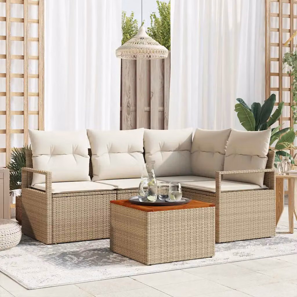 Set Divano da Giardino a L con Tavolino vidaXL in Polyrattan Beige e Bianco con Cuscini