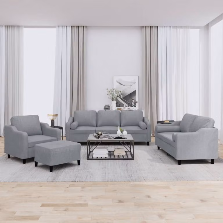 Set di Divani vidaXL 4 Pezzi Moderno in Tessuto Grigio con Cuscini e Pouf