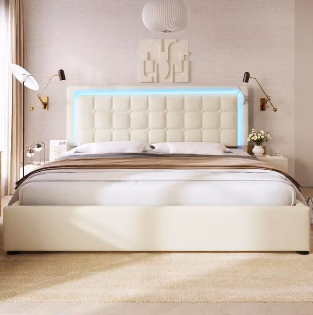 Letto matrimoniale con contenitore e LED 140x200 cm in PU bianco con rete a doghe