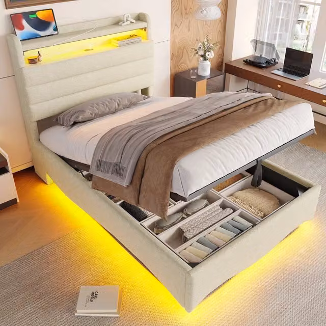 Letto Contenitore REDOM in Lino Beige con Illuminazione LED, Porte USB e Type-C, L/P: 90 x 200 cm