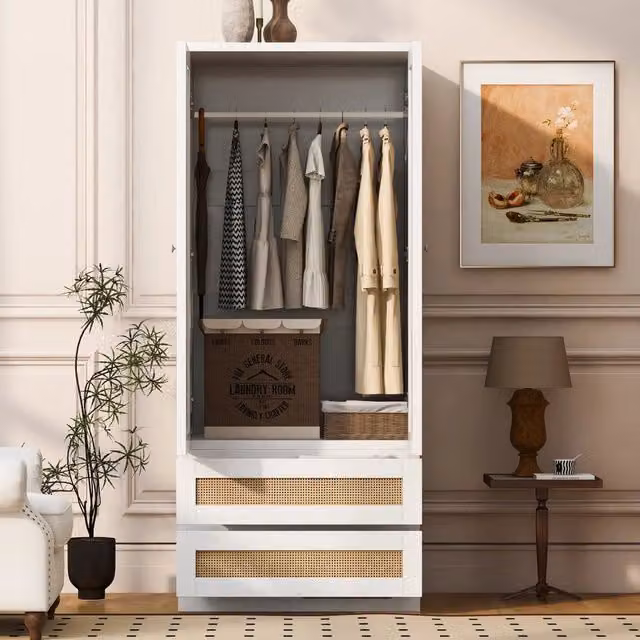 Armadio Guardaroba Bianco 70×55×170 cm con 2 Ante Effetto Rattan; Cassetti e Ripiani Interni