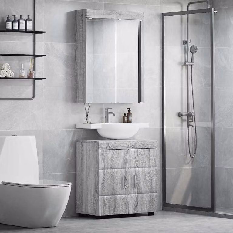 Set di mobili per il bagno vidaXL TULUM composto da mobile lavabo e armadietto con specchio, Grigio e Argento, moderno e da appendere al muro