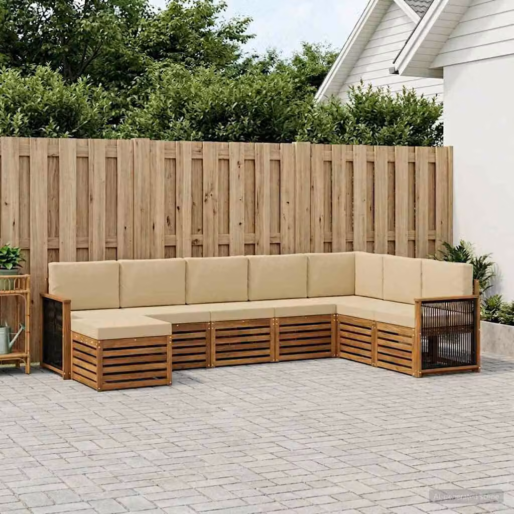 Set di divani da esterno vidaXL 8 pz in legno di acacia con cuscini beige e marrone, design moderno a L con pouf e elementi angolari per giardino e terrazza