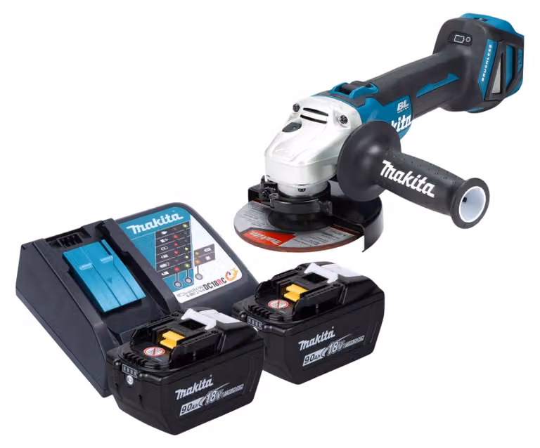 Smerigliatrice angolare a batteria Makita DGA 511 Z 18 V 125 mm Brushless + 2 batterie da 9,0 Ah + caricabatterie