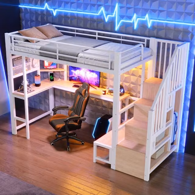 Letto a soppalco ¨C Minimal ¨C 90x200 cm bianco con led struttura in legno senza materasso