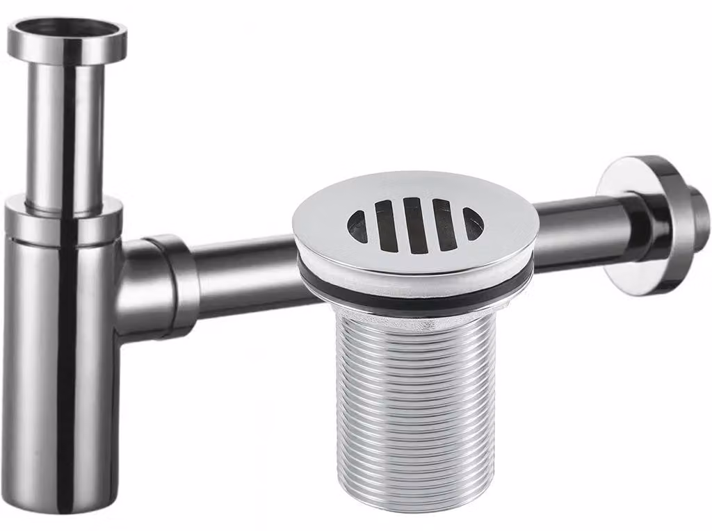 Sifone per lavabo, in ottone, DN32 mm, con scarico aperto, finitura cromata
