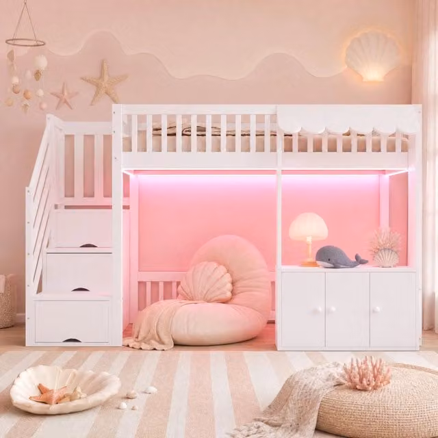 Letto a soppalco ULEVR 90x200 cm con scala a 3 vani, armadio contenitore e LED multicolore, bianco