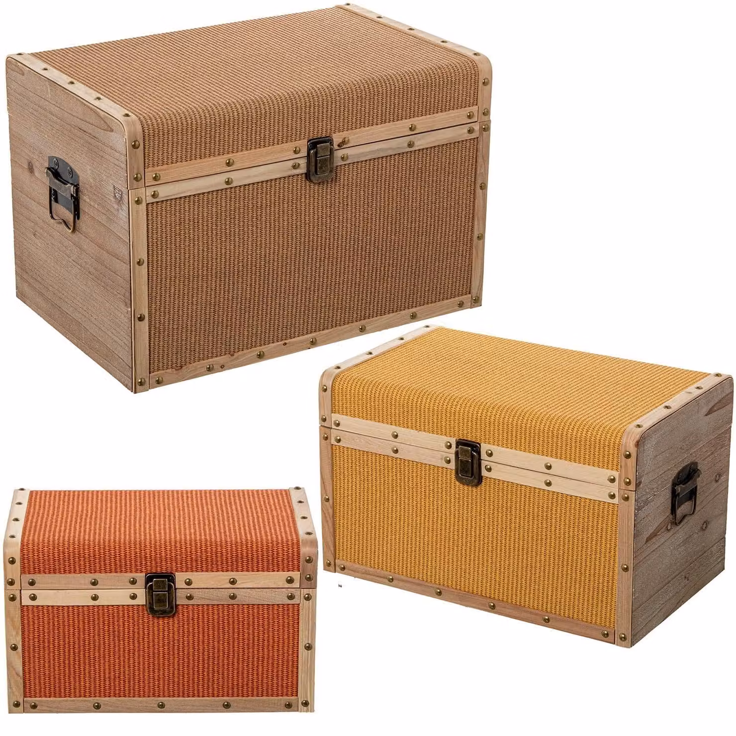 Set di 3 contenitori in legno e ecopelle, dimensioni 30x30x46 cm, colore naturale/giallo/arancione