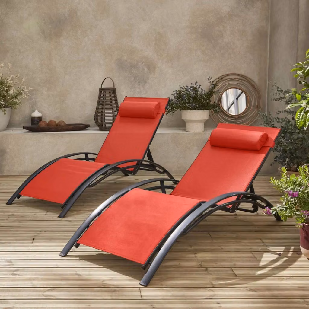 Set di 2 lettini prendisole Sweeek in alluminio verniciato e textilene multiposizione con poggiatesta regolabile, colori argento e rosso – 2