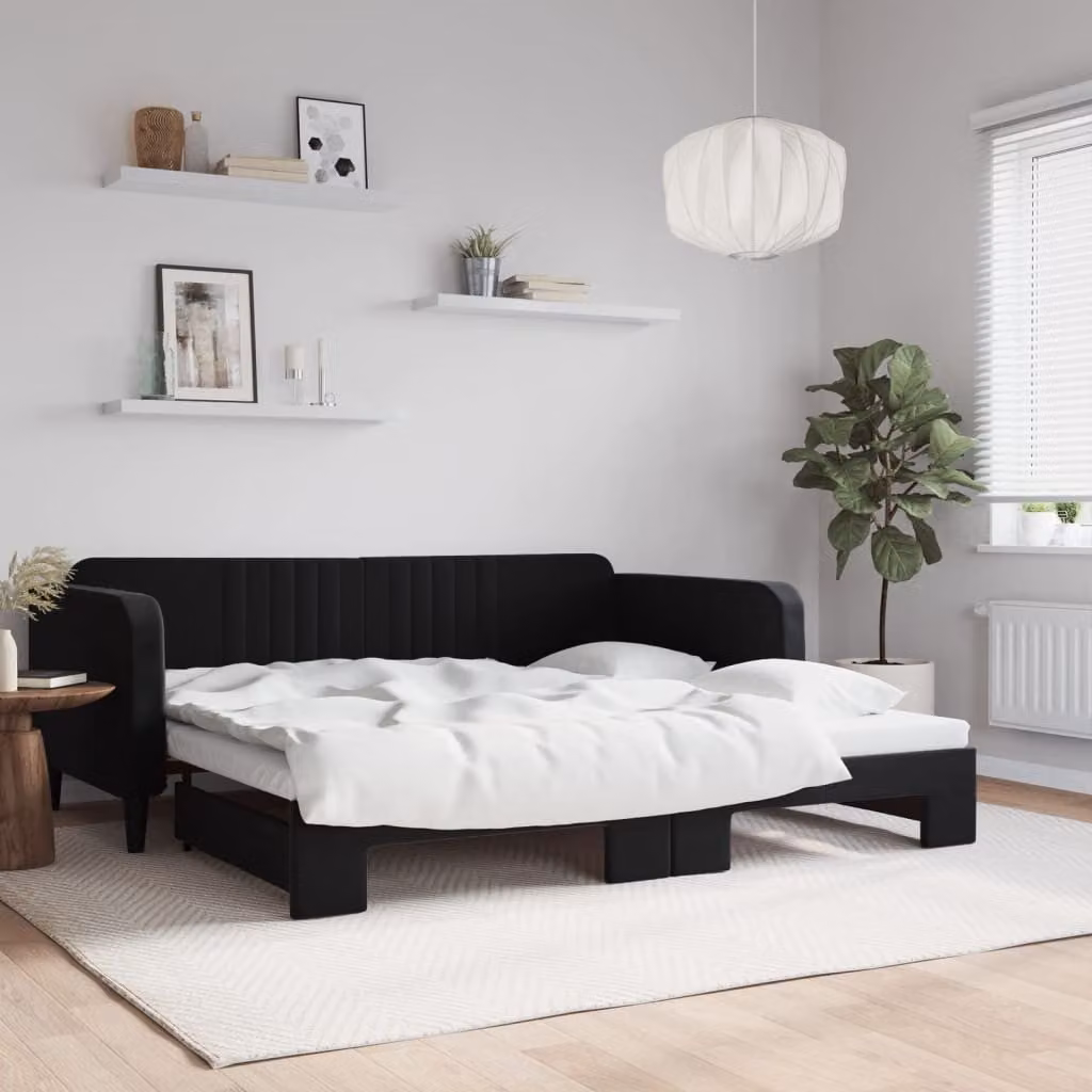 vidaXL Divano Letto Moderno in Velluto Nero con Letto Estraibile L/P/H: 223 x 110 x 75 cm, Dimensioni Letto: 100 x 200 cm