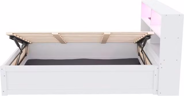Letto singolo multifunzionale in legno massello 90x200 cm con luce LED controllabile e prese multiple, bianco