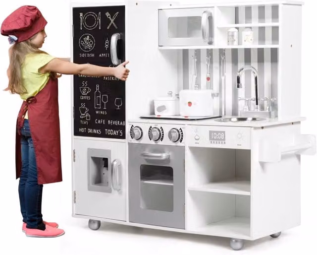 Cucina giocattolo in legno DESIGN IN per bambini con suoni, lavagna e lavello rimovibile, colore bianco, H: 7 cm, L: 36 cm