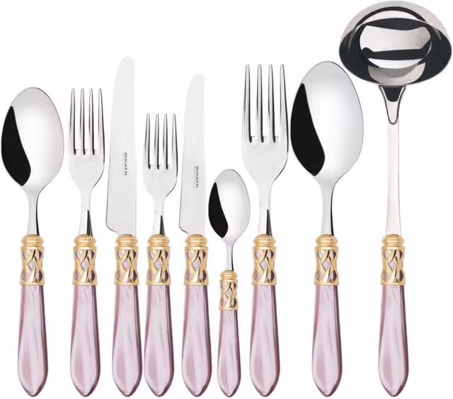 Set di posate Aladdin da 75 pezzi in acciaio inossidabile con ghiera dorata e scatola in legno Wengè, colore lilla e argento