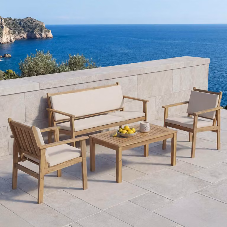 Set da giardino HWC-O19, composto da divano, poltrone e tavolo, realizzato in legno di acacia. Rivestimento in tessuto/tessuto (180g/m²), con cuscini beige